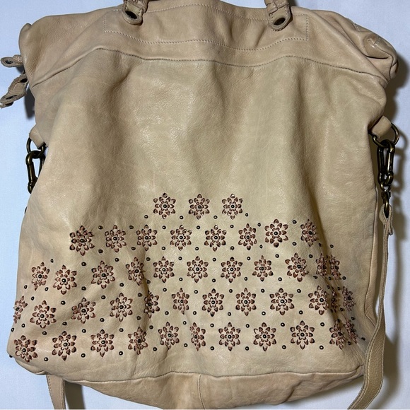 Errelleventidue Beige Italian Leather Handbag Tote Floral Print Studs Large - Picture 2 of 13